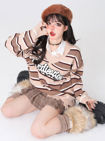 Brown Striped V-Neck Pullover Sweater