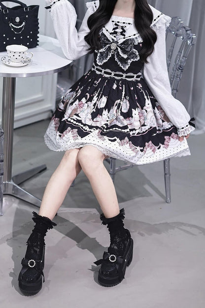 【8月30日予約締切】Black and Pink rabbit print lace sailor collar Op dress +pleated dress skirt set＋ 3 Styles of Bow Tie Available
