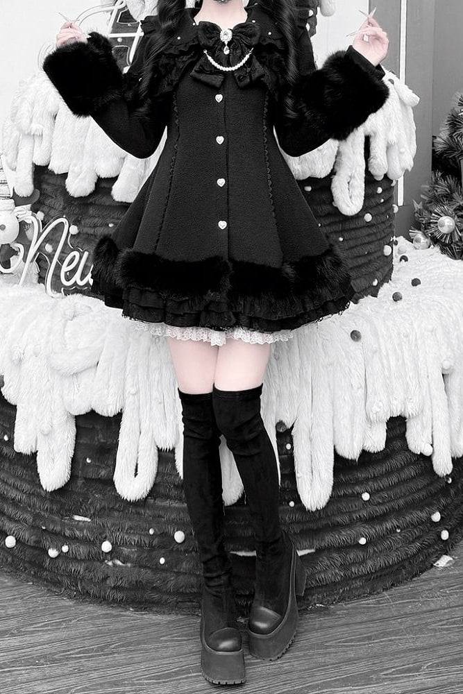 【11月13日予約締切】Black Pearl Bow-Tie Fur Coat With Detachable Cape And Fur Cuffs