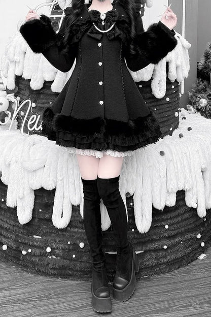 【11月13日予約締切】Black Pearl Bow-Tie Fur Coat With Detachable Cape And Fur Cuffs