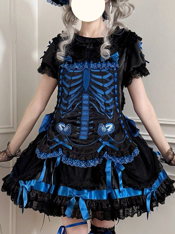 【11月4日予約締切】Blue-Black/Red-Black/Purple-Black Gothic Lolita Puff-Sleeve Lace Bow Doll Dress With Bone Embroidery Apron