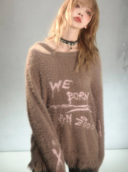 Romantic Punk Graffiti Jacquard Mink Fur Loose Knit