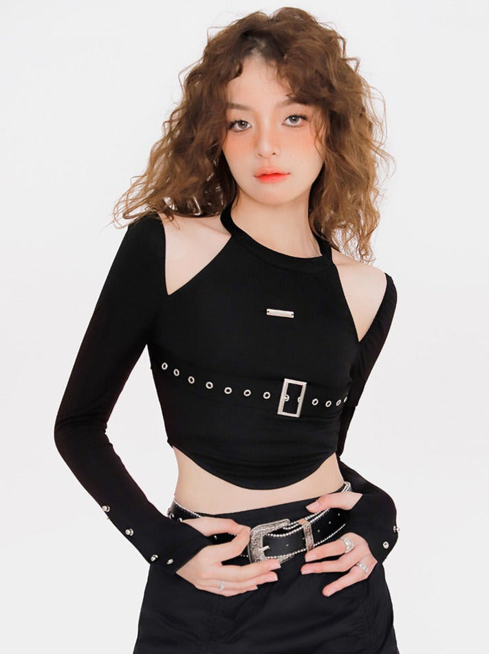 Spicy Hanging Neck Eyelet Belt Design Short Top