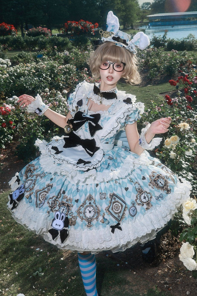 [Reservierungsschluss 30. Juni] Blau-weißes Alice-im-Wunderland Sweet-Lolita-Schleifen-Schürzen-OP-Kleid + Komplettset 1/2