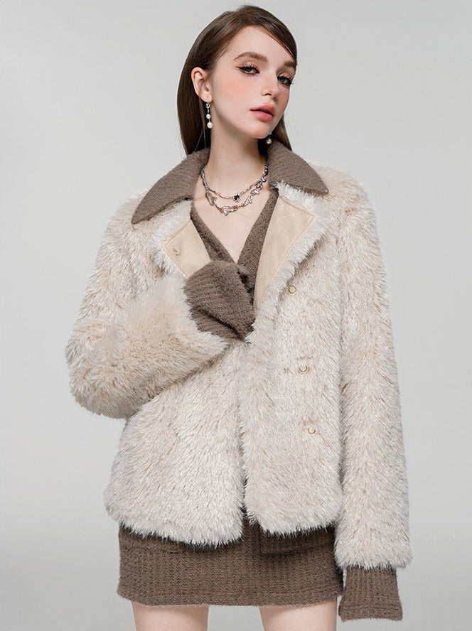 High-end collarless fur jacket