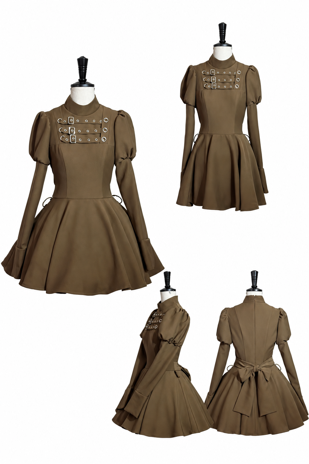 [Scadenza prenotazioni 6 novembre] Abito da bambola steampunk marrone x gothic mode nero con fibbia, collo alto e maniche lunghe a sbuffo