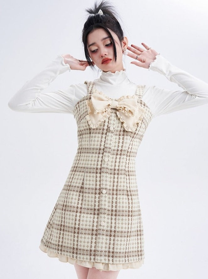 Check French Ribbon Suspender Skirt