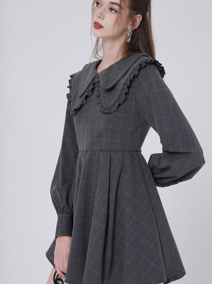 Dark Gray Check Puff Sleeve Dress