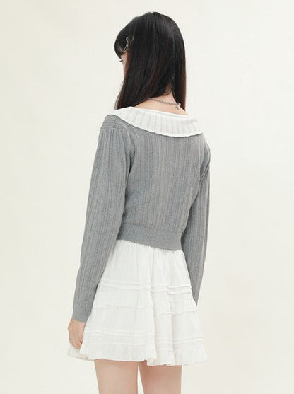White Color Floral Gray Ribbon Knit Cardigan Top