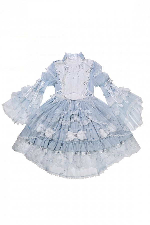 【9月23日予約締切】Light Blue/Dark Blue Celestial Star Embroidered Classic Lolita Bell Sleeve Tulle Layered Bow Dress