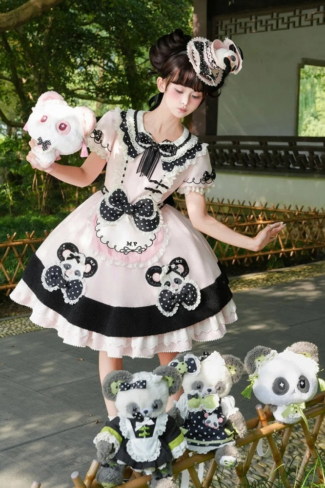 [Pre-order Deadline: October 25] Pink/Green Chinoiserie Lolita Sweet Panda Appliqué Puff Sleeve Polka Dot Bow Apron Dress