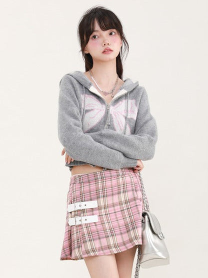 Ribbon Print Hoodie Short Knit Cardigan