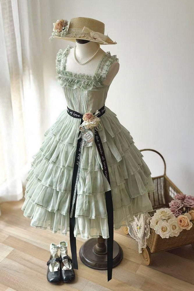 [Pre-order Deadline: July 31] Romantic Sweet Lolita Square-Neck Tiered JKS Ribbon Dress
