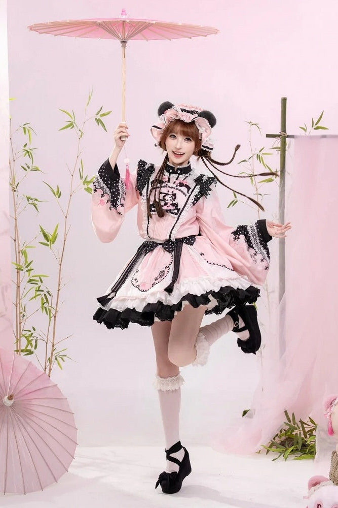 [Pre-order Deadline: October 25] Pink/White/Green Chinoiserie Lolita Sweet Panda Polka Dot Lace Apron Ruffle OP Dress