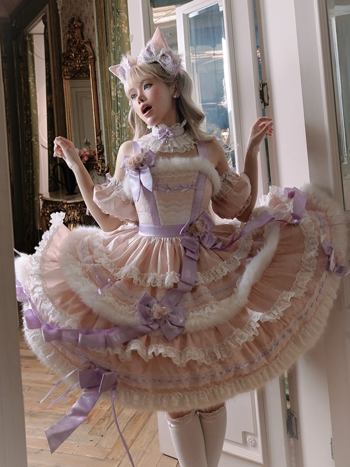 【12月26日予約締切】キャットファンタジーピンクパープルファーリボンティアードドレス＋猫耳ヘッドKC＋レースチョーカー