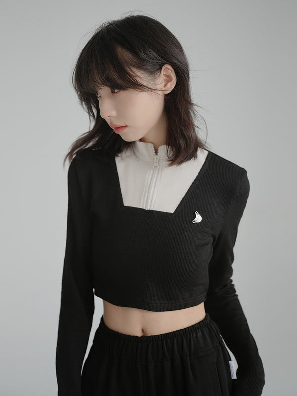 ハーフジップスタンドカラーセーターニューデザインショートトップ