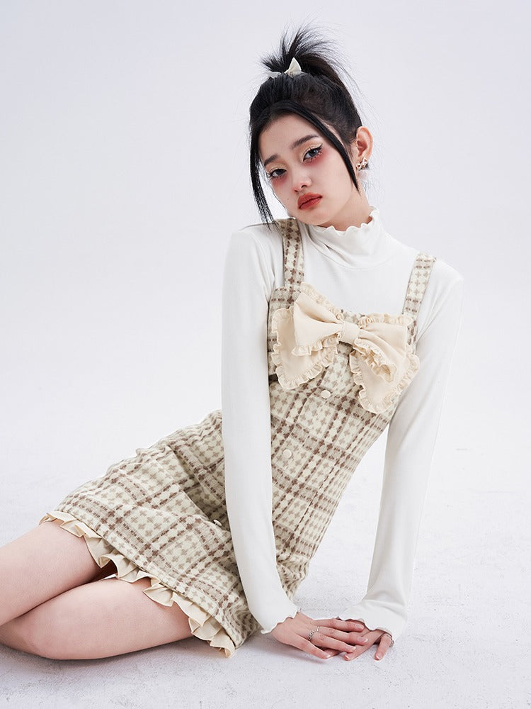 Check French Ribbon Suspender Skirt