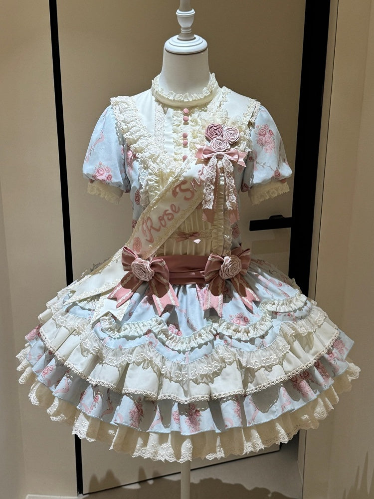 [Reservierungsschluss 7. September] Pink-blaues süßes Lolita-Stufenkleid mit romantischem Rosenprint