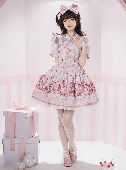 [Précommande jusqu'au 5 mai] Robe JSK à imprimé cerises roses, dentelle, ruban et tablier oreilles de lapin + accessoires