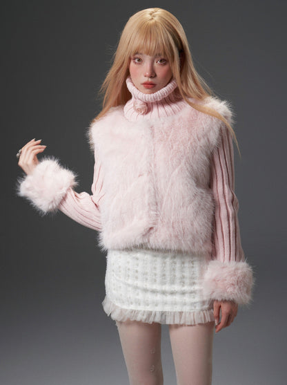 Ribbed High Turtleneck Fur Vest Top