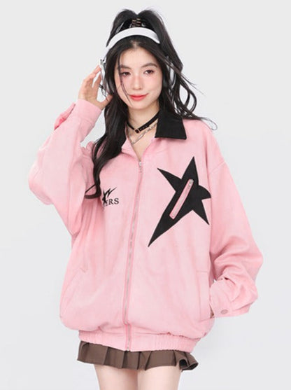 Trendy suede star patch loose jacket