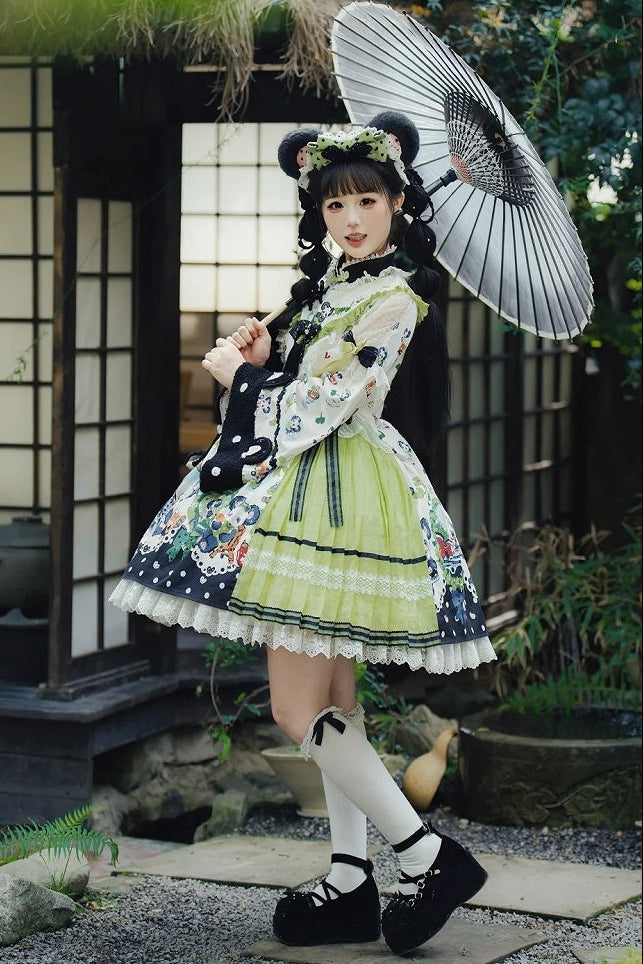 [Pre-order Deadline: October 25] Pink/Green Chinoiserie Lolita Sweet Panda Print Bow Bell Sleeve OP Dress