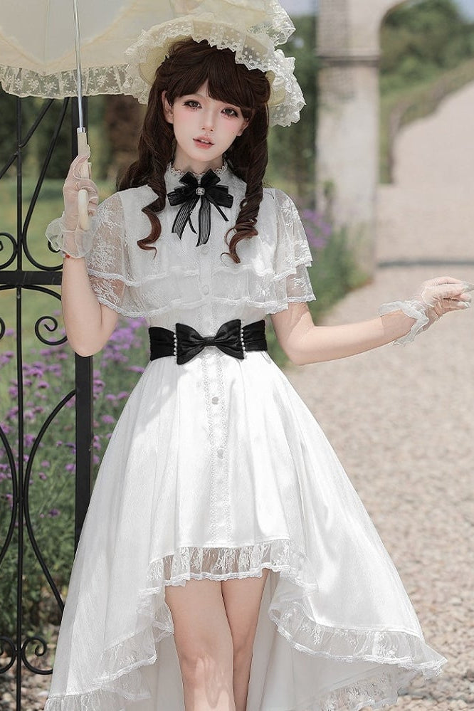 【10月8日予約締切】White Classic Lolita Black Bow High-Low Dress(Sheer lace hem version / Plain satin frill hem version)