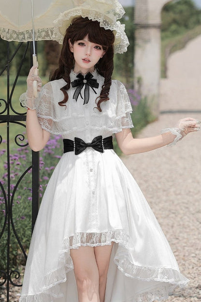 【10月8日予約締切】White Classic Lolita Black Bow High-Low Dress(Sheer lace hem version / Plain satin frill hem version)