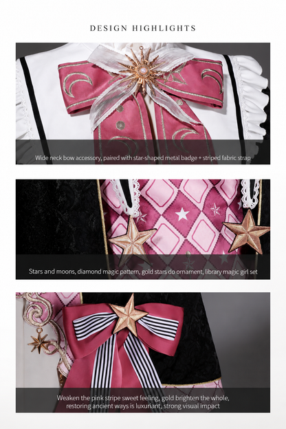 【10月13日予約締切】Magic Academy Starry Diamond Pendant Bow Lolita Dress + Black Lace Trim Bow Puff Sleeve Jacket + Detachable Star Embroidery Ribbon Frill Collar + Full Set