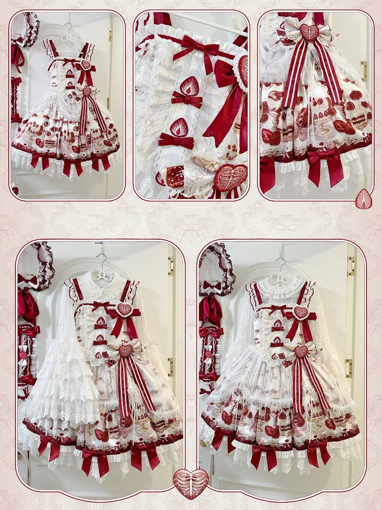 【11月4日予約締切】Strawberry Print Sweet Lolita Lace Bow JSK Dress + Puff Sleeve Lace Bow Doll Dress with Bone Embroidery Apron