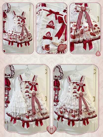 【11月4日予約締切】Strawberry Print Sweet Lolita Lace Bow JSK Dress + Puff Sleeve Lace Bow Doll Dress with Bone Embroidery Apron