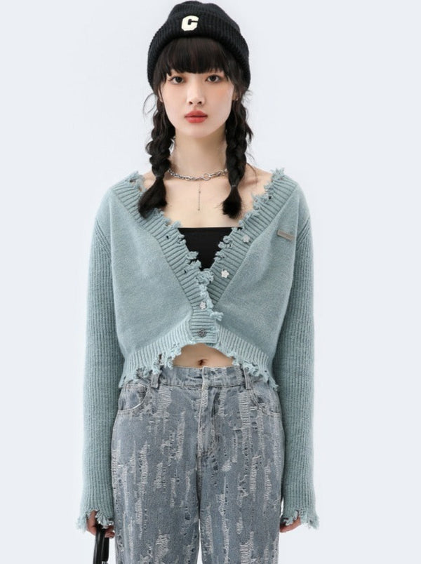 ワンポイントダメージニットカーディガン