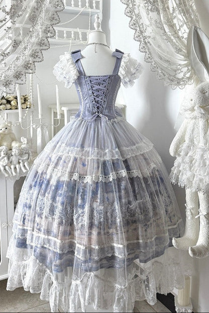 [Reservierungsschluss 3. August] Snow on the Seine River elegantes Lolita-Set mit Schleifen-Rüschen-Korsett-Bustier+langem Rock mit Kunstdruck+langem Tüll-Überrock