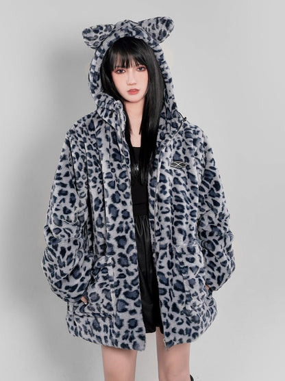 Cat Ear Leopard Fur Coat with Hood