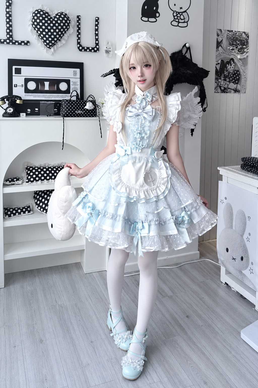 【10月15日予約締切】Pink/Blue Medical Angel Bow Frill Apron Dress Set + Nurse Hat + Nurse Hat