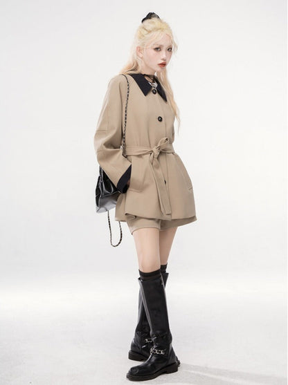 Poseidon Khaki Contrast Color Trench Jacket + Shorts