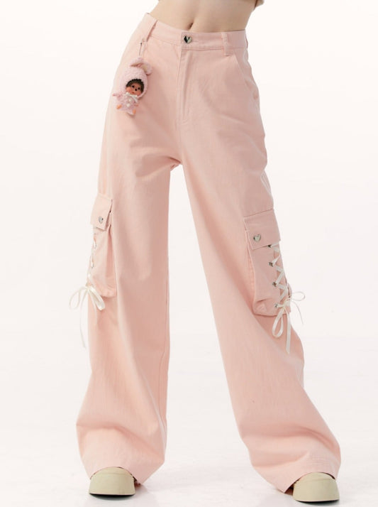 Lace-up Wide Silver Heart Casual Pants