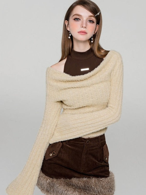 ツーピースファーオフショルニット