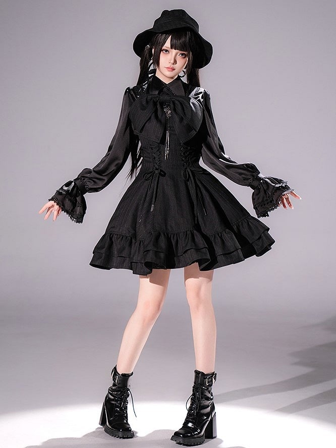 【12月26日予約締切】ゴシックロリータダークカラーストライプリボンサスドレス