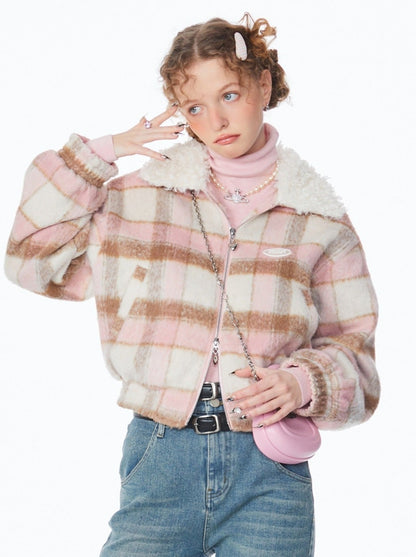 Pink Check Bore Color Short Jacket