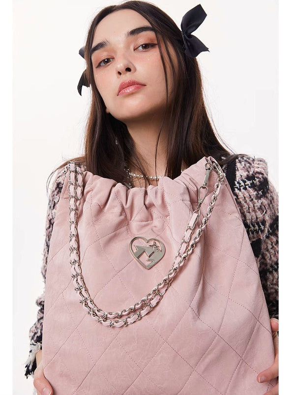 Cool Metal Diamond Stitch Leather Chain Tote Bag