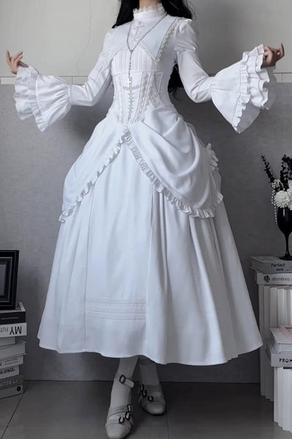 [Termine prenotazione 30 maggio] Abito gothic lolita bianco e nero con maniche svasate + sopragonna a corsetto rialzabile con croci + set completo