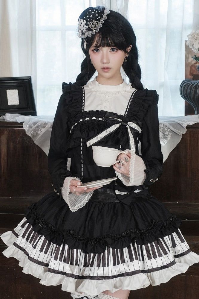 [Date limite de réservation : 22 octobre] Robe de poupée taille basse gothique Lolita à pois/noire avec touches de piano, nœud à volants