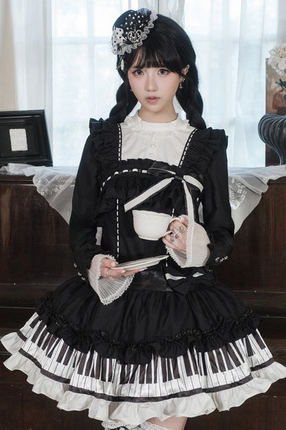 [Date limite de réservation : 22 octobre] Robe de poupée taille basse gothique Lolita à pois/noire avec touches de piano, nœud à volants