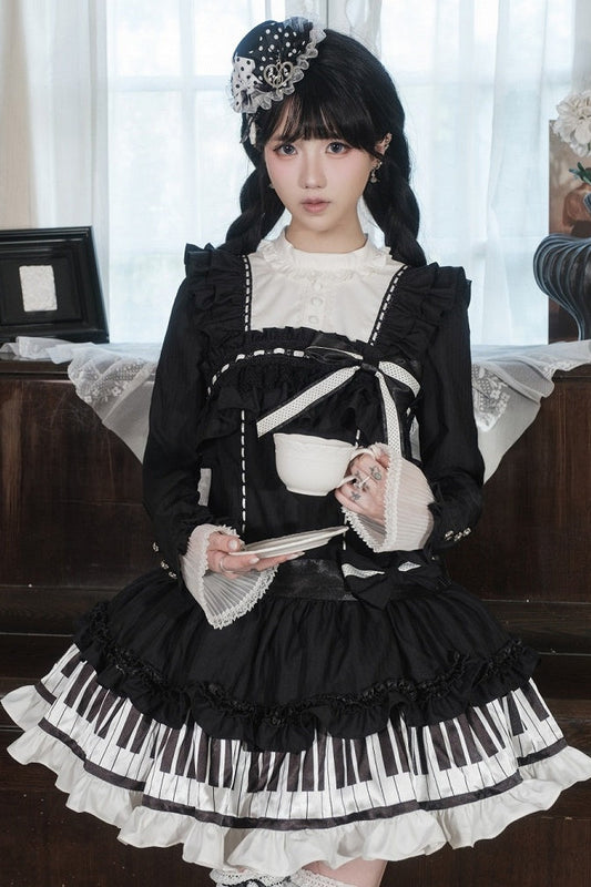 【10月22日予約締切】Polka Dot/Black Gothic Lolita Piano Key Frill Bow Low Waist Doll Dress
