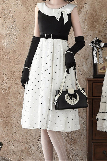 [Reservierungsfrist: 17. August] Elegantes klassisches Lolita-Kleid mit Polka Dots und Schleife (mit Schnallengürtel & Schleifenbrosche)
