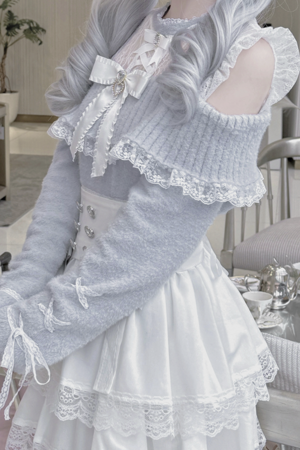 [Reservations] Clear Series Lace Open Shoulder Ribbon Knit Top