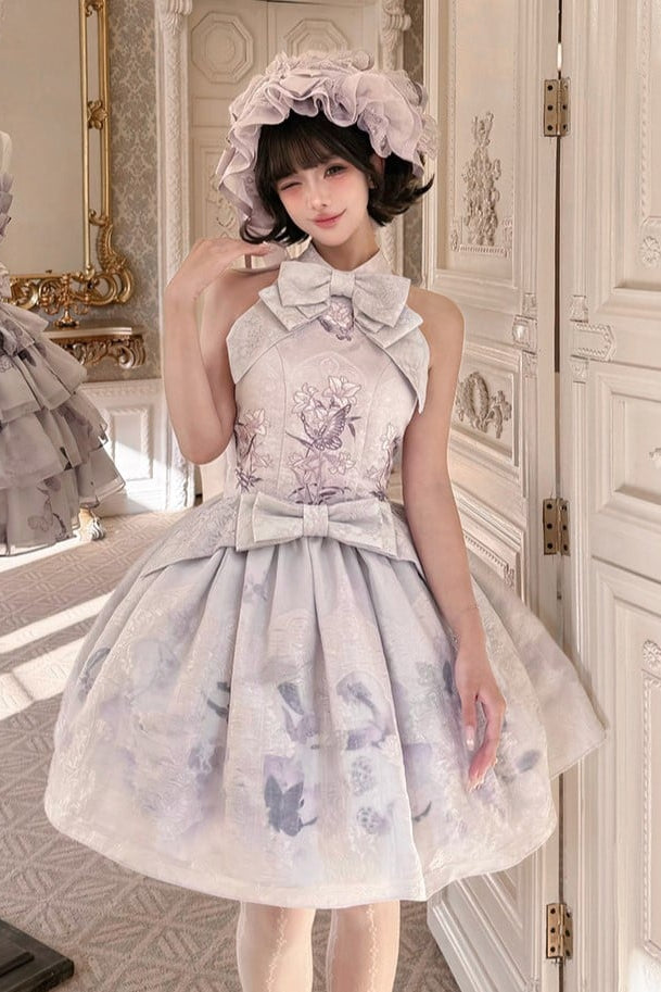 [Scadenza prenotazioni 98] Abito Lolita stile cinese con scollo all'americana, fiocco e ricamo giglio effetto vetrata, nero x viola / bianco x viola
