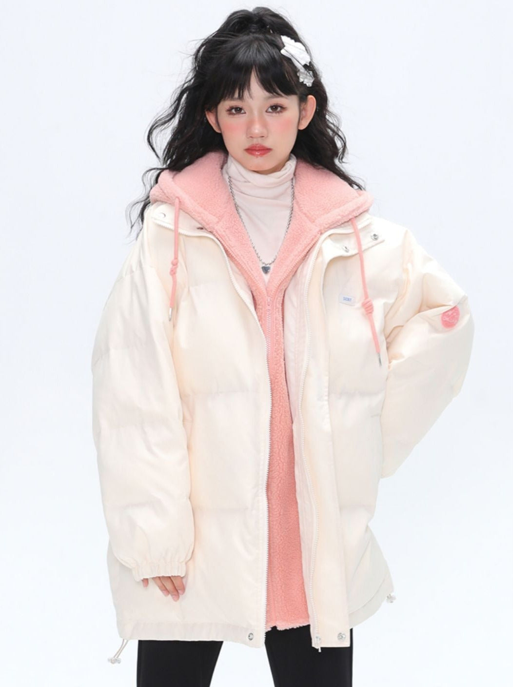 Faux Two Piece Hoodie Cotton Padded Loose Coat