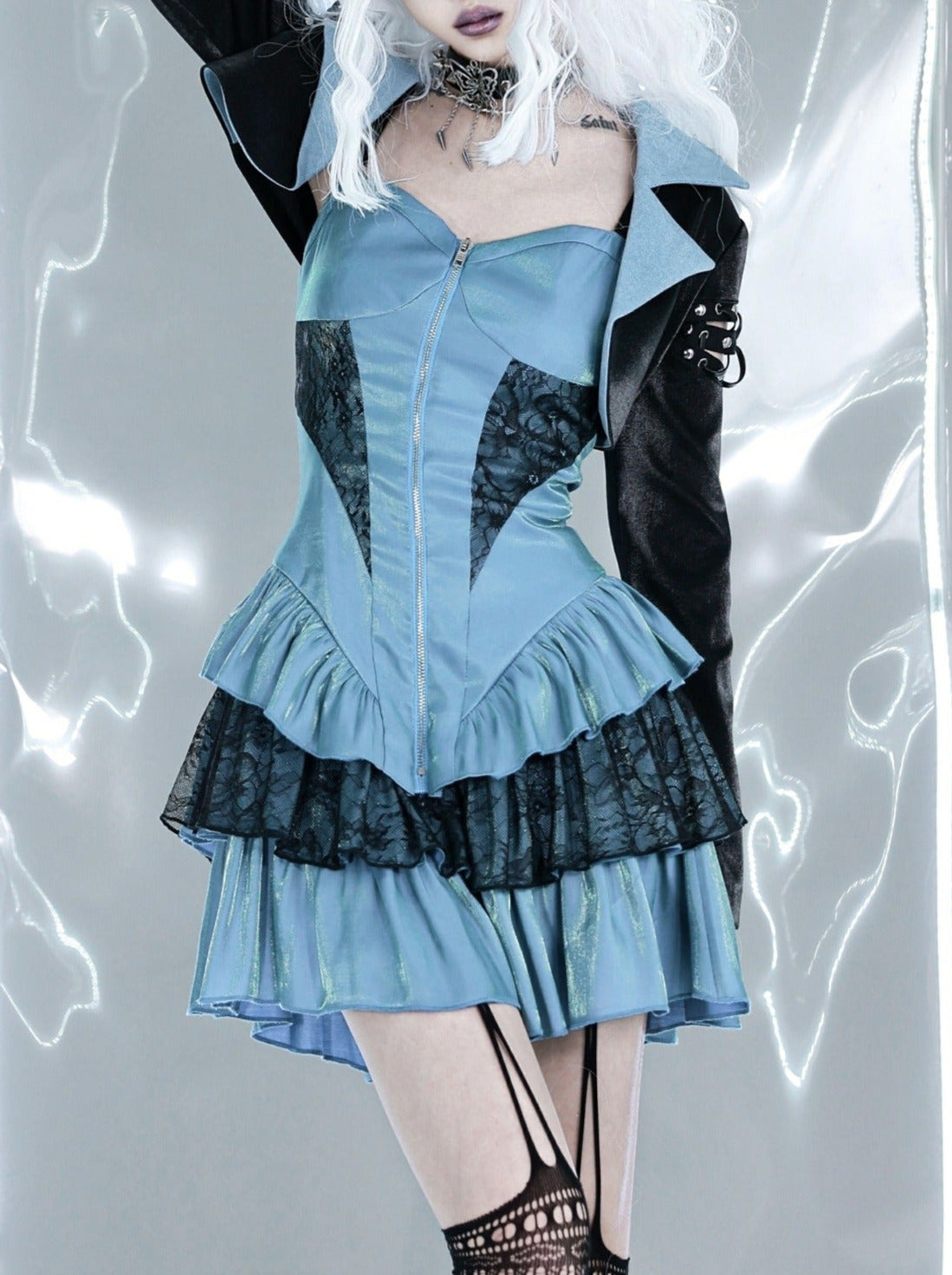 Y2K Virtual Track Cool Punk Suspender Tiered Dress